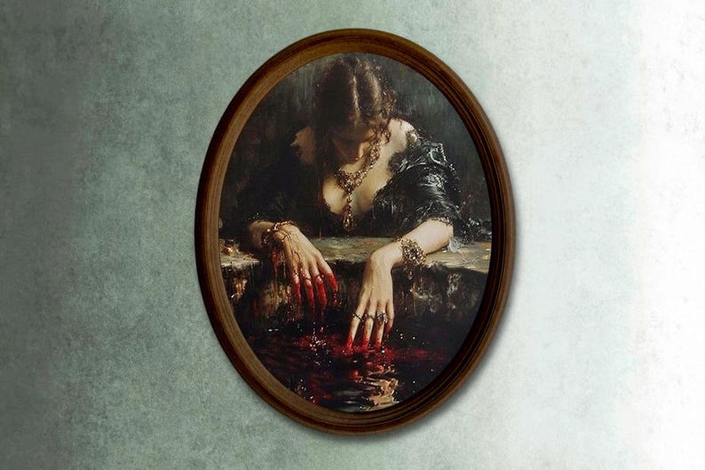 Großer Vintage Holzrahmen mit gotischem Porträt - Stimmungsvolle Dark Academia Wandkunst - Handgemaltes Dekor im antiken Stil - Geschenk für das viktorianische Zuhause Bild 5