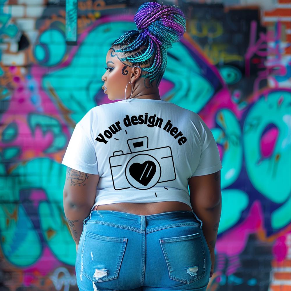 African American Woman Back View T-Shirt Mockup | Graffiti Style Urban Scene | Plus-Size Model PNG for DTF & Sublimation Printing