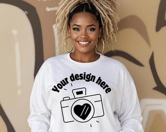 African American Woman Sweatshirt Mockup | White Crewneck PNG | Black Models Mockups for T-Shirt Designers & Small Businesses
