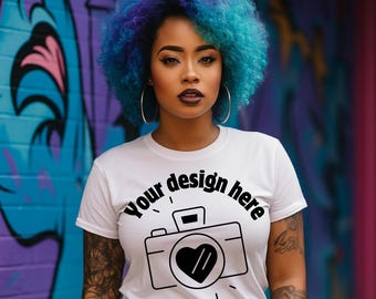 African American Woman T-Shirt Mockup | Melanin Model | Black Female Shirt Mockup for DTF, Sublimation, and Apparel Design
