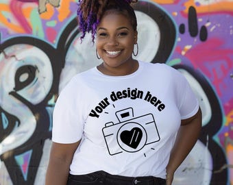 African American Woman T-Shirt Mockup | Melanin Mockup | Plus Size Black Model Digital PNG for Sublimation & DTF T-Shirt Design