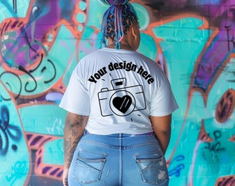 African American Woman Back View T-Shirt Mockup | Plus-Size Model with Vibrant Graffiti | Digital PNG for Sublimation & DTF Printing