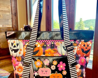Witchy Halloween Giant Tote Bag: Pink Pumpkins, Floral Accents
