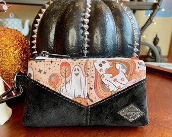 Ghost Print Wristlet Pouch: Vegan Leather, Witchcore Autumn Bag