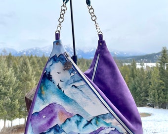 Mountain Print Shoulder Bag: Geometric Vegan Faux Leather Purse Amethyst Purple Purse