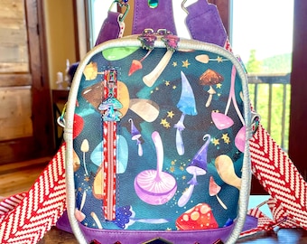 Mushroom Convertible Bag: Cosmic Vinyl Mini Backpack, Crossbody Purse and Sling Rave Festival Purse
