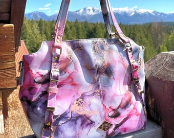 Alcohol Ink Faux Leather Semi Slouchy Tote Bag: Pink, Purple, Gray Marbled Shoulder Bag
