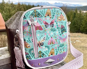 Pastel Moth Corduroy Convertible Bag: Mini Backpack, Sling, Crossbody White and Lavender