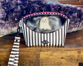 Glow in the Dark Ghost Pumpkin Striped Wristlet - Vegan Leather Spooky Pouch