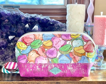 Inspirational Candy Hearts Makeup Bag: Handmade Vinyl Toiletry Pouch