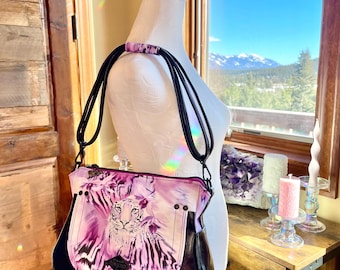 Magenta Tiger Shoulderbag, White Tigress Faux Patent Vegan Leather Purse