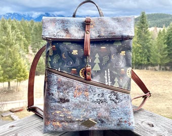 Wild Wolf Convertible Backpack Tote Bag, Rustic Forest Theme