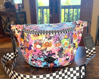 Spooky Kawaii Kitty Halloween Sling Bag, Checkered Strap