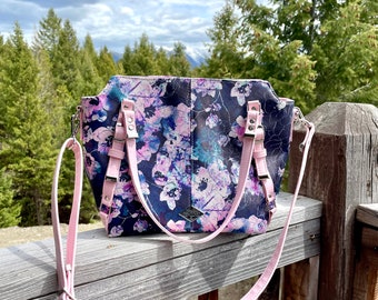 Floral Crossbody Bag: Navy and Pink Cherry Blossoms, Vegan Leather Tote