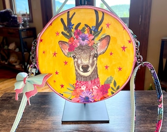 Whimsical Deer and Owl Circle Bag: Woodland Floral Colorful Cossbody Purse