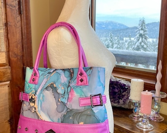 Alcohol Ink Vegan Leather Shoulder Bag - Turquoise Magenta Marbled Purse - Black Pyramid Studs