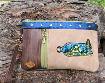 Woodgrain Vegan Leather Pouch: Mountain Camping Outdoors Scene