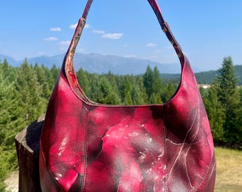 Red Burgundy Gold Alcohol Ink Vegan Leather Phoenix Slouchy Hobo Shoulder Bag
