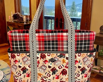Extra Large Christmas Tote Bag: Festive Flannel Vegan Leather Carryall