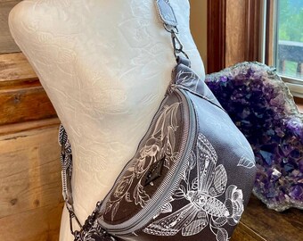 Botanical Moth Sling Bag: Black & White Floral, Goth Purse