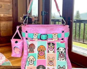 Pink Geometric Dog Walk and Treat Bag with Turquoise Accents – Crossbody Purse & Hip Bag