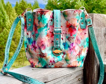 Floral Crossbody Bag: Turquoise Watercolor Flowers, Rose Gold and Crystal Accents