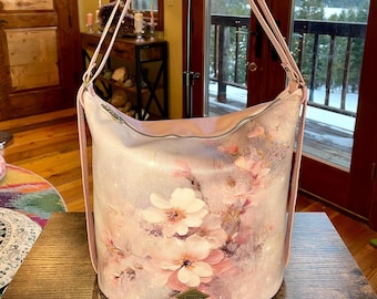 Convertible Backpack and Purse: Blush Pink Cherry Blossom, Vegan Leather Bag