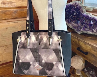 Geometric Shoulder Bag: Black Gray Diamond Print, Studded Vegan Leather