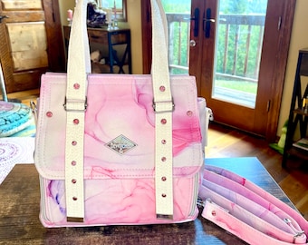 Handmade Pink Alcohol Ink Crossbody Bag: Sparkly Bling Faux Leather Handbag