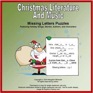 Puede incluir: Un Papá Noel de dibujos animados rojo y blanco sosteniendo un cartel con un rompecabezas de letras de villancicos. Las letras son de la canción "Santa Claus is Coming to Town". El rompecabezas falta letras, que se enumeran debajo de las letras. Las letras son i, g y t.