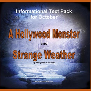 Peut inclure: Une couverture de livre avec un fond enneigé bleu et blanc. Le titre est "A Hollywood Monster and Strange Weather" par Margaret Whisnant. Des informations sur les droits d'auteur sont incluses en bas.
