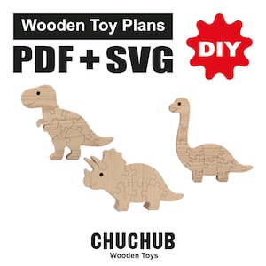 Puede incluir: Planos de juguetes de madera para rompecabezas de dinosaurios DIY. La imagen muestra tres rompecabezas de dinosaurios de madera: un Tyrannosaurus Rex, un Triceratops y un Brontosaurus. El texto de la imagen dice "Wooden Toy Plans PDF + SVG" y "DIY". También se ve la marca "CHUCHUB Wooden Toys".