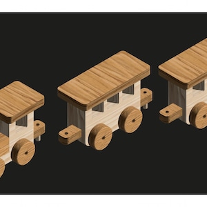 Puede incluir: Un tren de juguete de madera con una locomotora y dos vagones. El tren está hecho de madera natural y tiene un acabado marrón claro. El tren está en una vista isométrica.