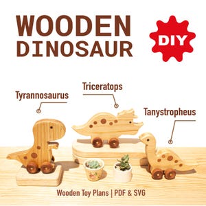 Puede incluir: Planos de juguetes de dinosaurios de madera para hacer tú mismo, con un Tyrannosaurus Rex, un Triceratops y un Tanystropheus. Los planos están disponibles en formatos PDF y SVG.