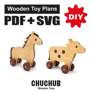 May include: Wooden toy plans for a horse and cow, with the text "Wooden Toy Plans PDF + SVG" and "DIY". The toys are light brown with dark brown accents and wheels. The brand name "CHUCHUB Wooden Toys" is at the bottom.