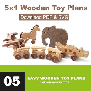 Puede incluir: Un conjunto de planos de juguetes de madera, que incluye un caballo, un rompecabezas de elefante, un avión, vagones de tren y un cocodrilo. La imagen incluye el texto "5x1 Wooden Toy Plans" y "Download PDF & SVG". Los juguetes son de madera clara y oscura.