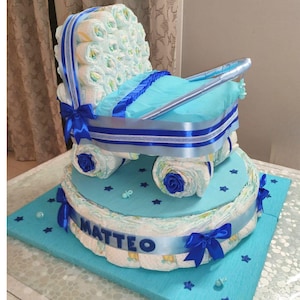 Torta di Pannolini Passeggino Personalizzabile – diaper cake - Regalo Baby Shower, Battesimo, Nascita – Decorazione Unica per Bèbè -premaman