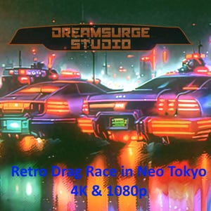 May include: Two futuristic cars with glowing lights race down a neon-lit street in a digital art illustration. The text "Dreamsurge Studio" is at the top of the image. The text "Retro Drag Race in Neo Tokyo 4K & 1080p" is at the bottom of the image.
