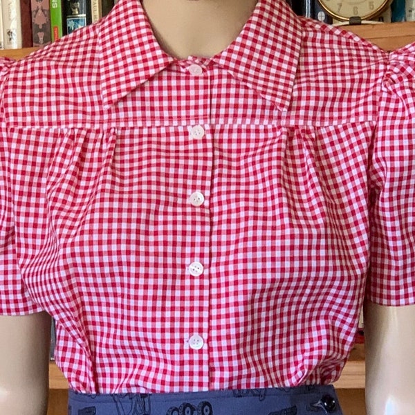 1940s blouse / WW11 / retro / handmade / OOAK / forties / classic / 1940's / cotton / red gingham check / blouse / vintage reproduction