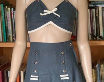 1940's  Playsuit  / handmade / blue  / vintage pattern /  forties / classic / shorts / OOAK / WW11 / 40s pattern / nautical / cotton