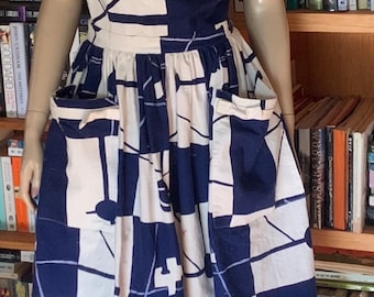 Vintage 50s dress / fifties / original / circa 1950s / cotton / Pearco Melbourne / barkcloth / vintage / navy and white / summer