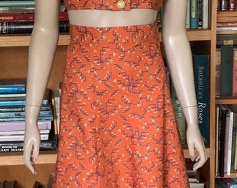 40a skirt and crop top / cotton fabric  / classic / OOAK / 40s pattern / beach/ summer / retro / gored skirt / orange / forties / WW11