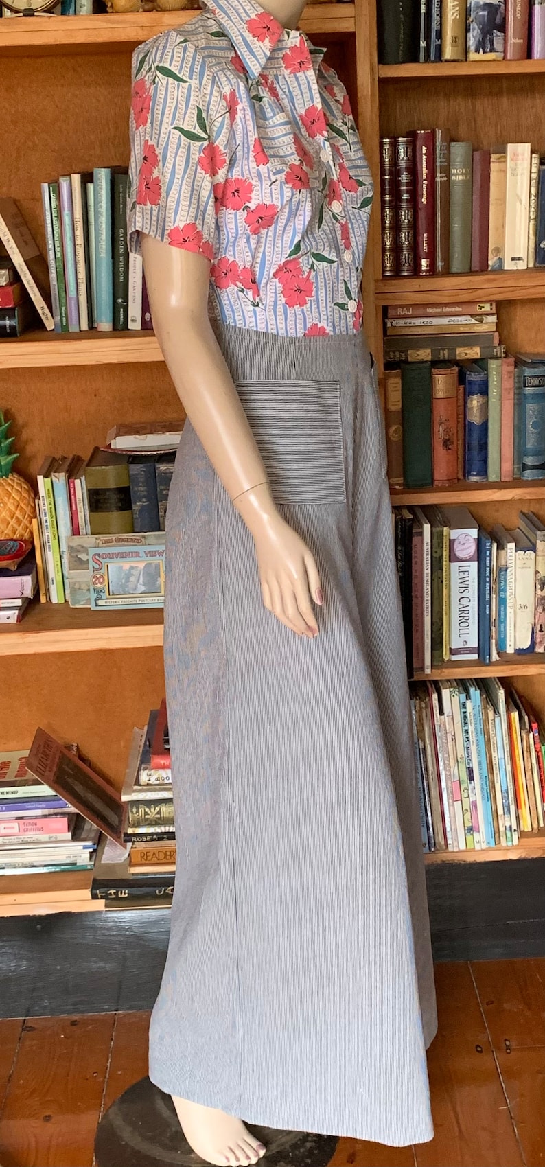 Vintage Wide Leg Pants & Beach Pajamas History     1940s wide leg pants  / forties  / lounging pants / 30s / handmade / railroad stripe/  vintage style  / WW11 / pants / trousers / engineer  AT vintagedancer.com