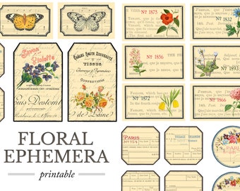 Floral shabby chic labeltags voor junk journal - Vintage Antique Ephemera - Afdrukbare digitale bestandsset