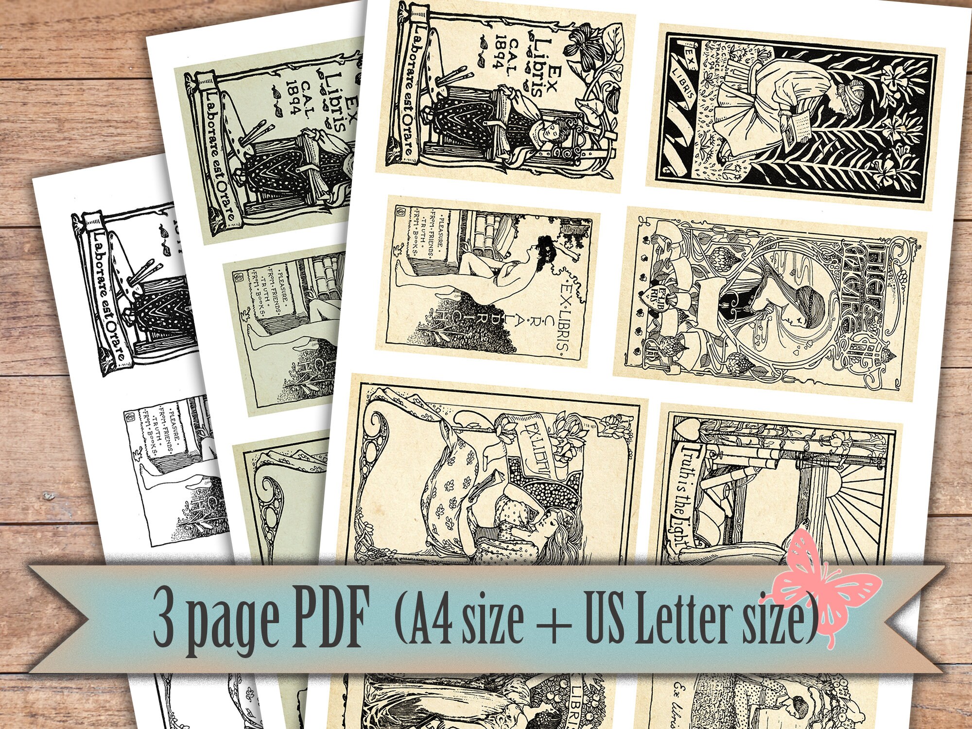 Vintage Antique Book Plates Ex Libris - Digital Ephemera