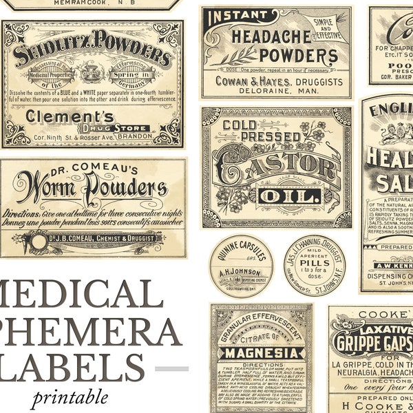 Vintage medical labels, Vintage Antique Ephemera - Printable Digital file set