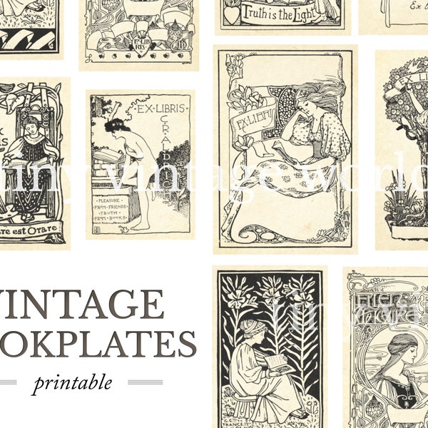 Vintage antique Book plates Ex Libris - Digital Ephemera - Printable Digital file set