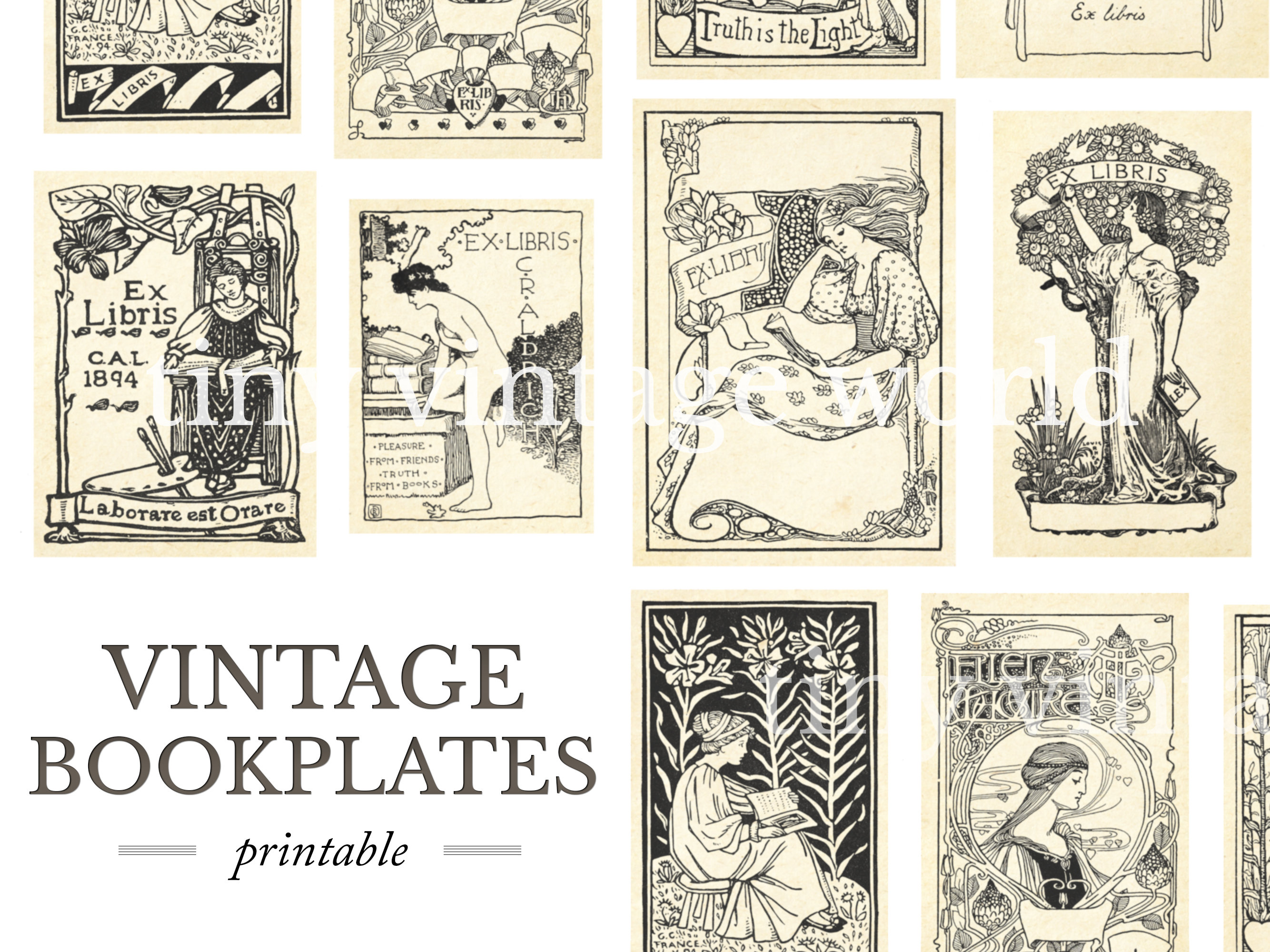 Vintage Antique Book Plates Ex Libris - Digital Ephemera