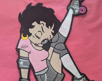 特大ローラースケート ベティ・ブープ アイロン接着パッチ - 刺繍入りヴィンテージ漫画バッジ