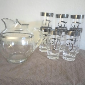 8 Mid Century Dorothy Thorpe Monogram F Highball Glasses Barware RETRO EUC with Pitcher